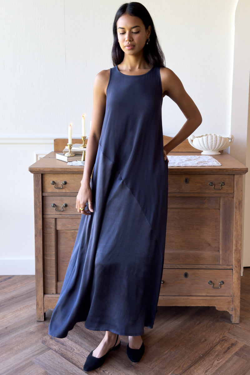 Asymmetrical Maxi Dress - Noir Satin Combo