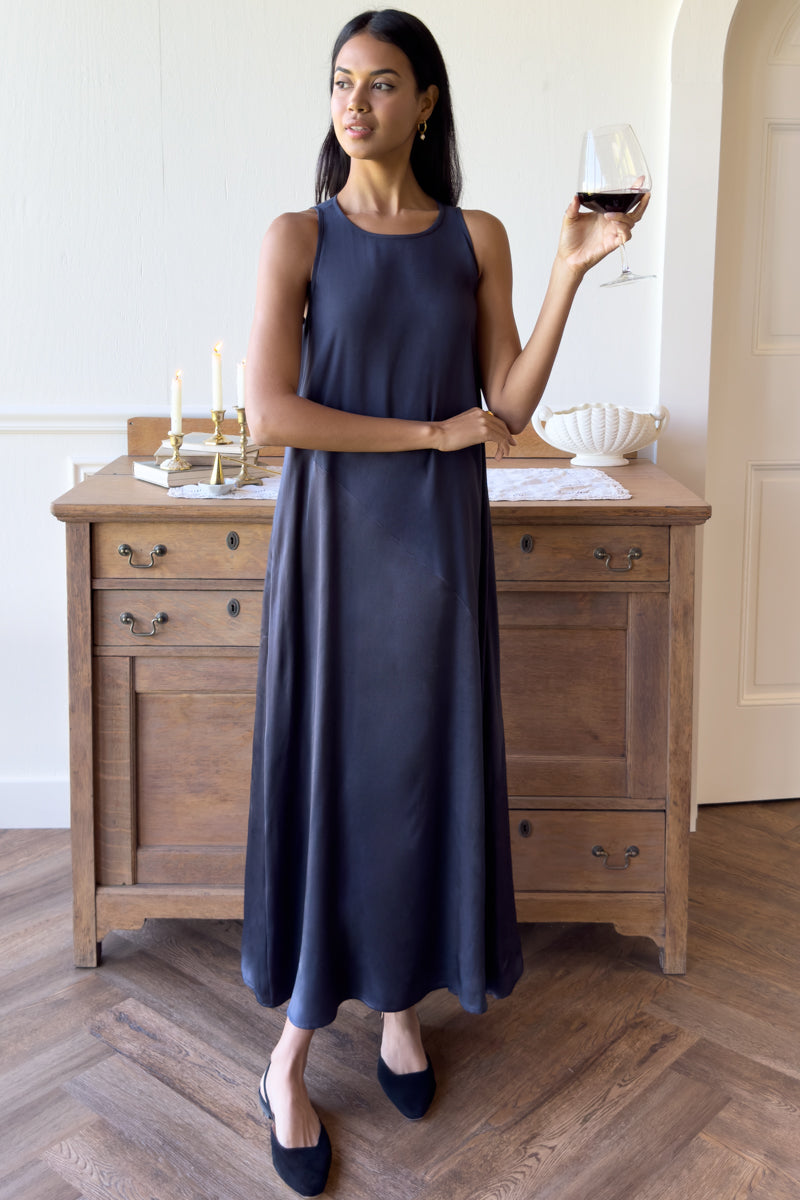 Asymmetrical Maxi Dress - Noir Satin Combo