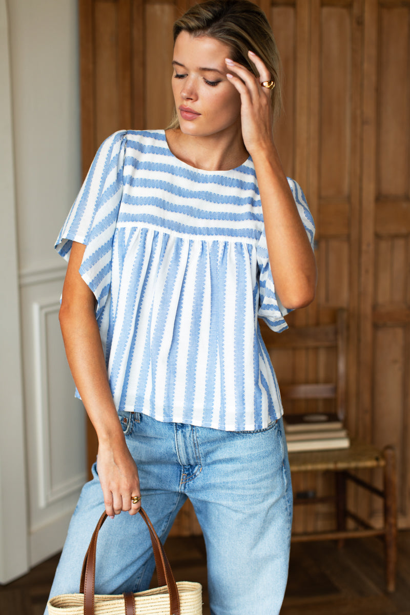Basalie Top - Scallop Blue Stripe Organic