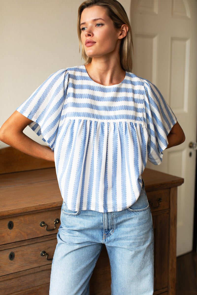 Basalie Top - Scallop Blue Stripe Organic