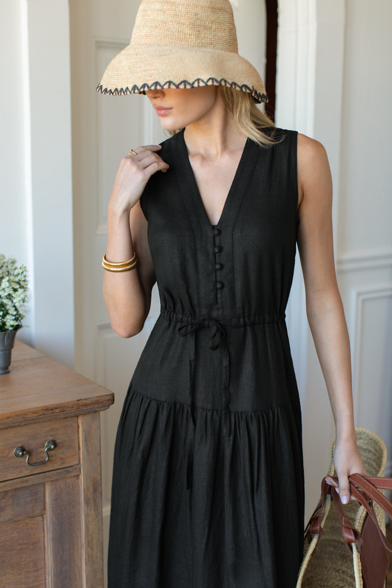 Basque Sundress - Jet Black Linen S Basque Sundress - Jet Black Linen S
