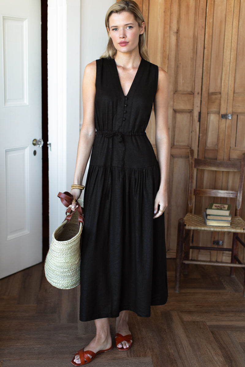 Basque Sundress - Jet Black Linen