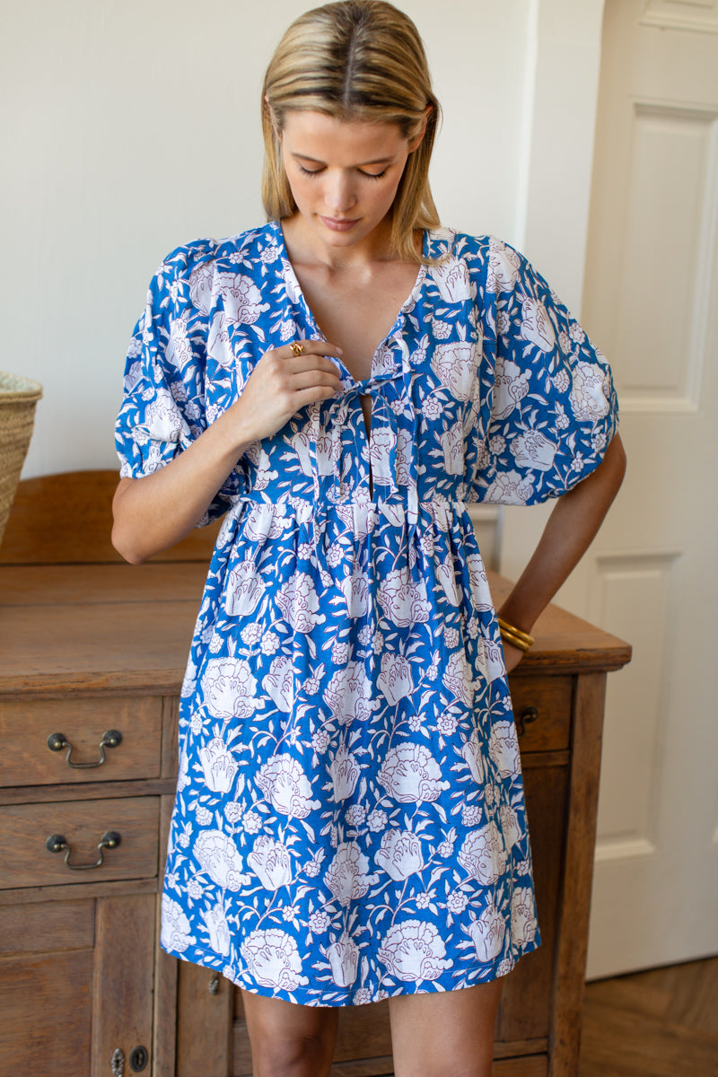 Bastian Short Dress - Mixed Flora Blue Linen
