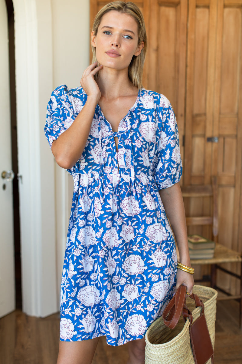 Bastian Short Dress - Mixed Flora Blue Linen
