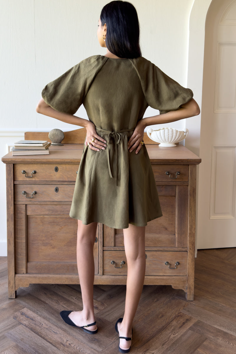 Bastille Short Dress - Martini Olive Linen