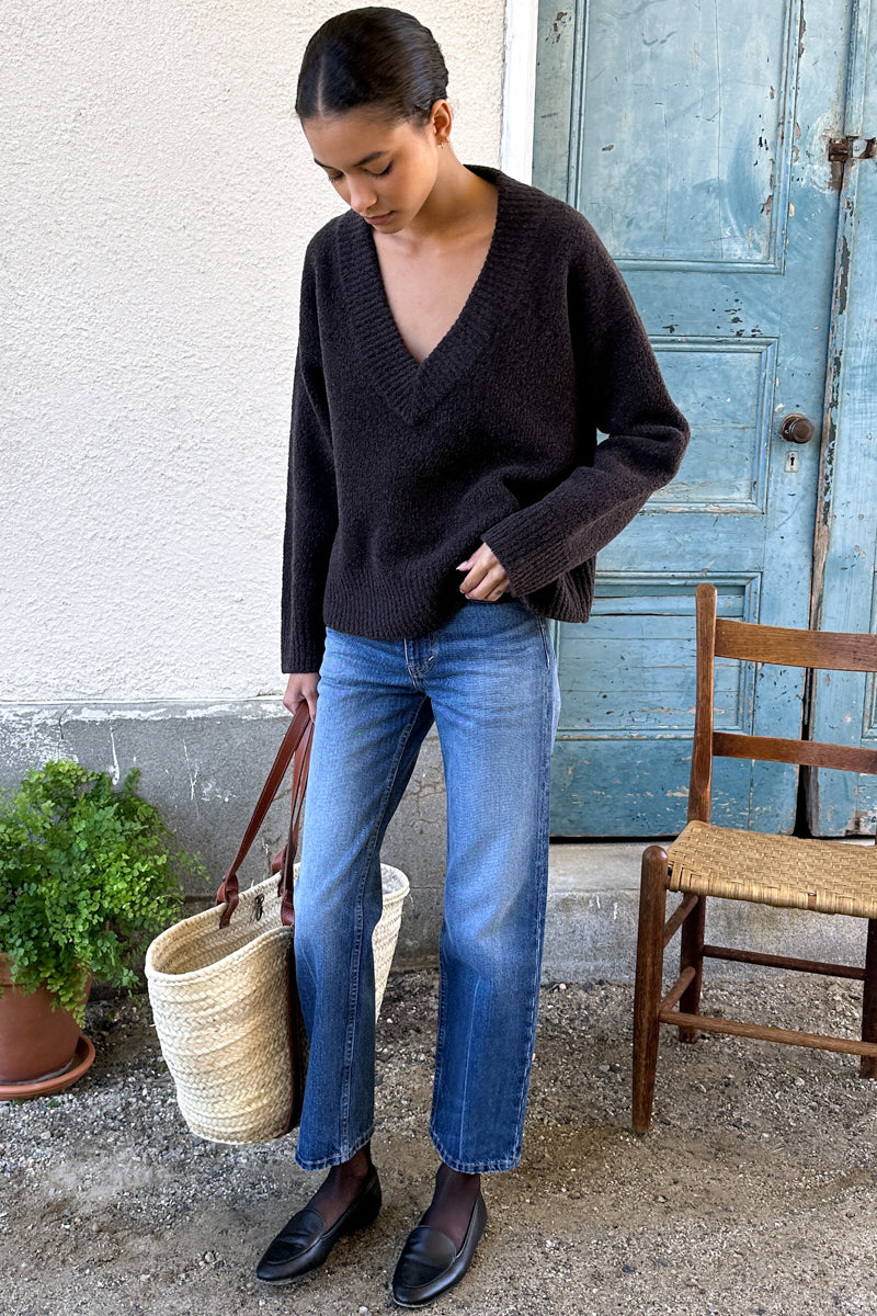 Boxy V Neck Sweater - Dark Cocoa Boucle