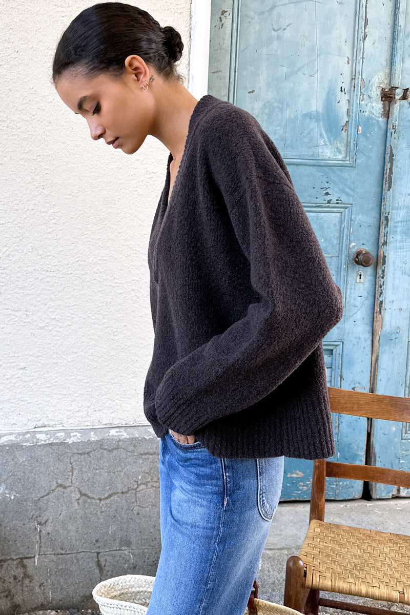 Boxy V Neck Sweater - Dark Cocoa Boucle