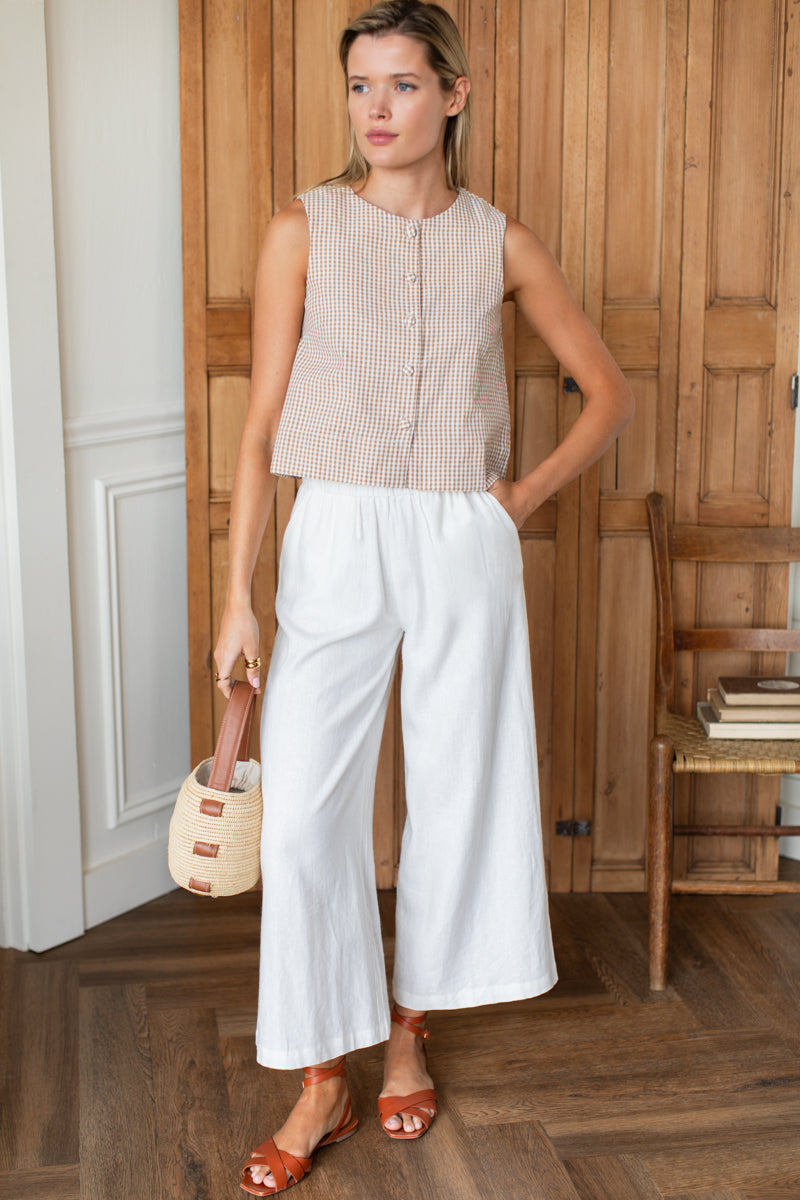 Button Front Wide Hem Top - Cafe Check