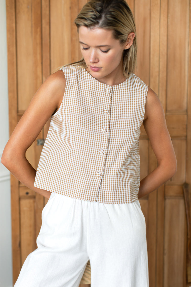 Button Front Wide Hem Top - Cafe Check