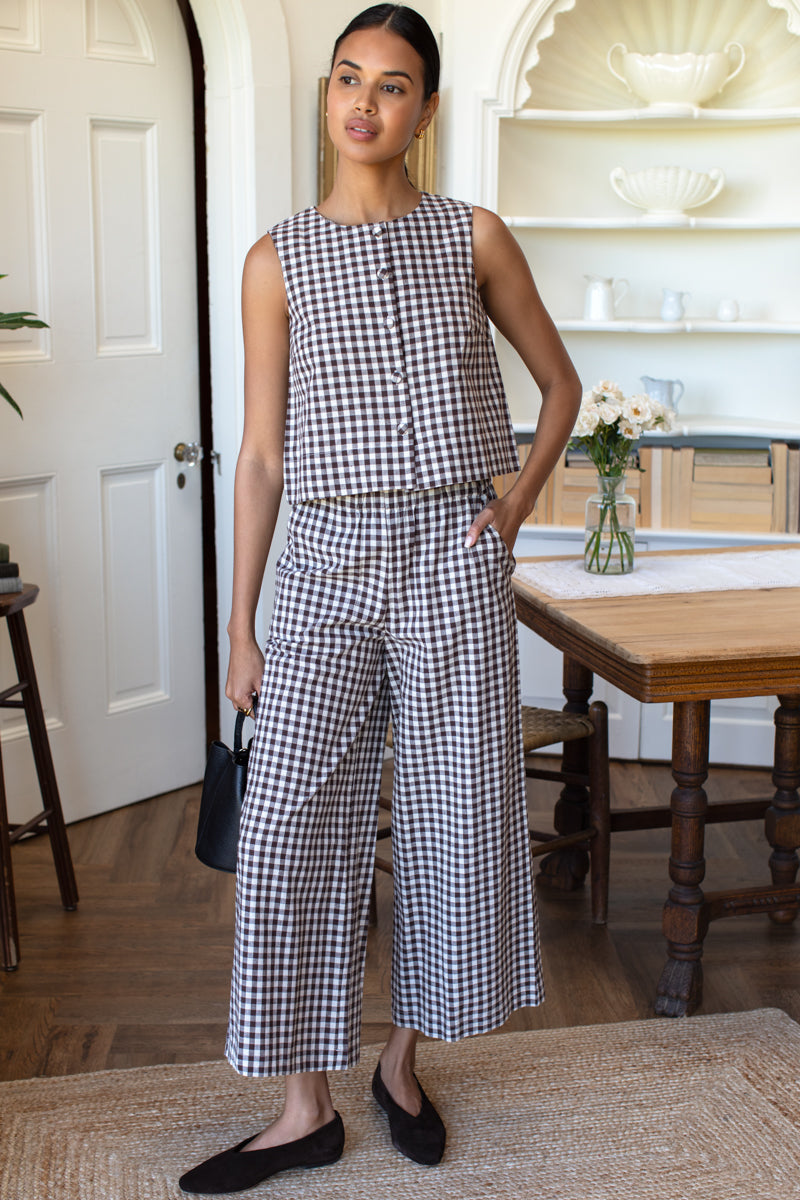 Button Front Wide Hem Top - Cocoa Gingham