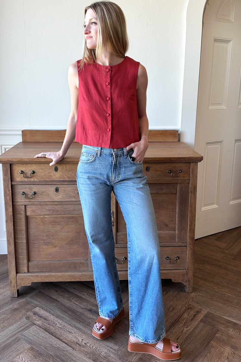 Button Front Wide Hem Top - Pompeian Red Linen
