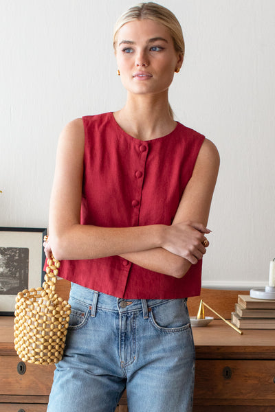 Button Front Wide Hem Top - Pompeian Red Linen