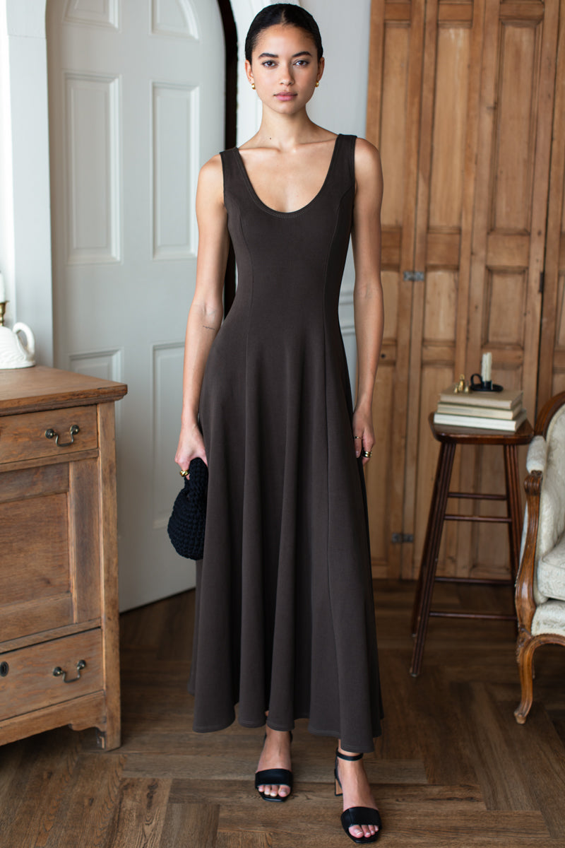 Scoop Layering Maxi Dress - Deep Brown Rib