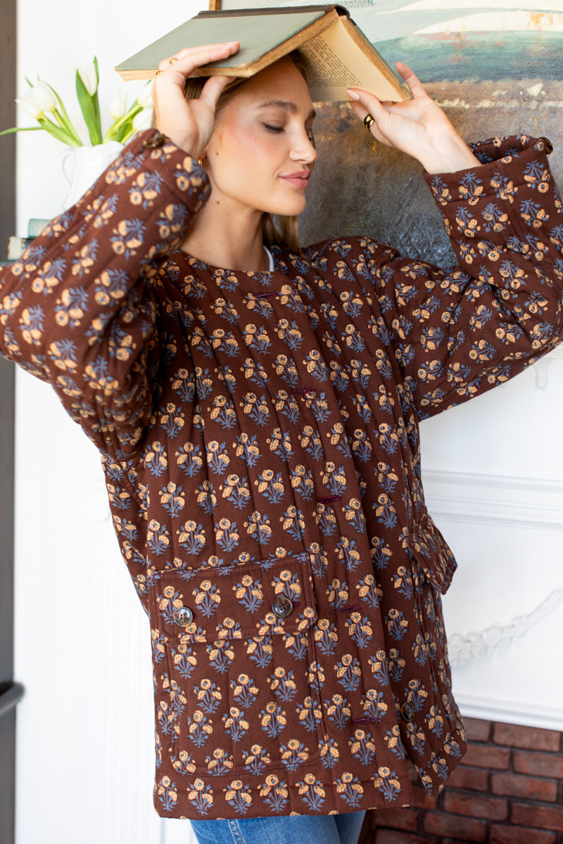 Camp Coat Short - Library Flowers Cocoa Organic