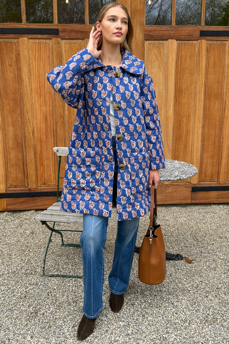 Camp Coat - Blue Paisley Flowers Linen