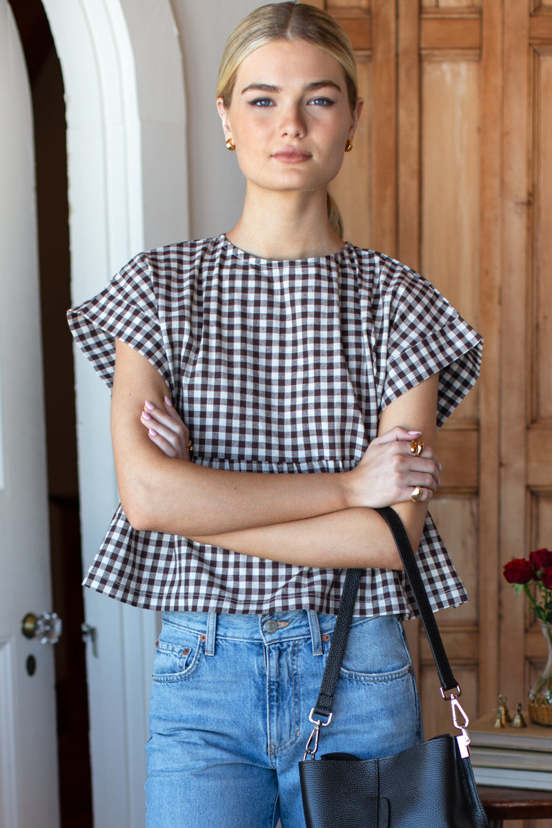 Dolman Peplum Top - Cocoa Gingham