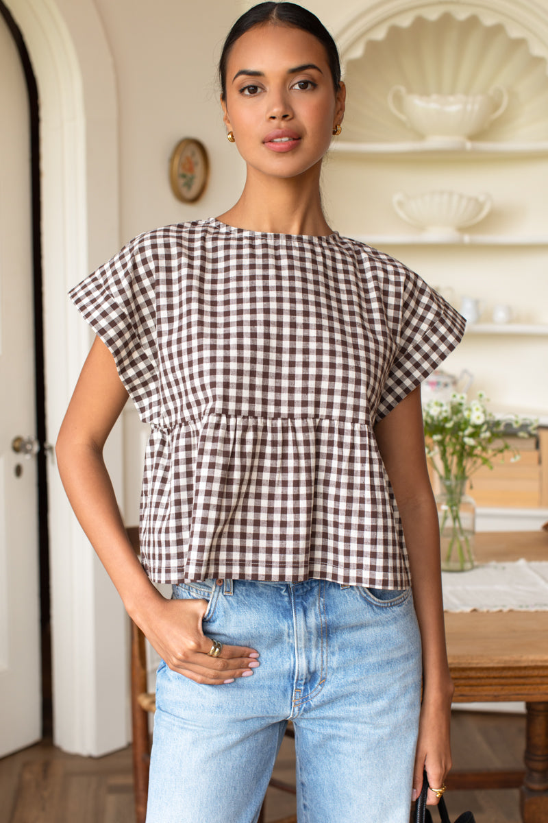 Dolman Peplum Top - Cocoa Gingham
