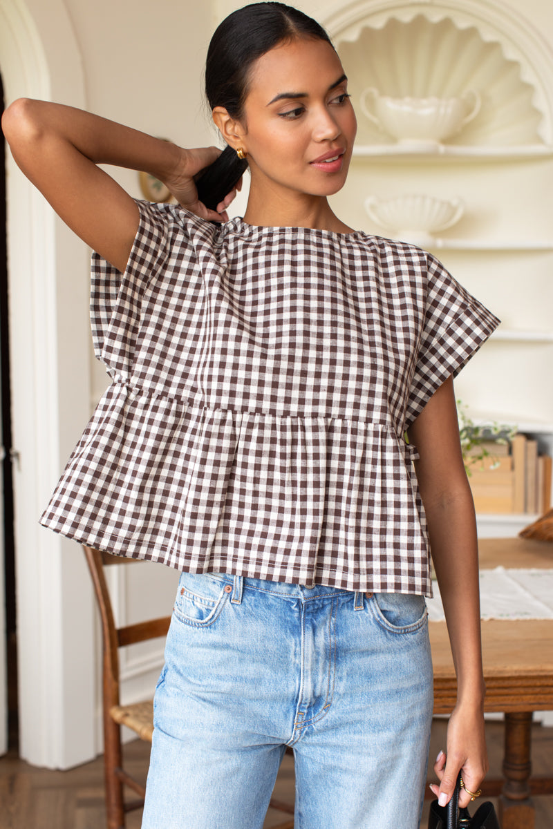 Dolman Peplum Top - Cocoa Gingham