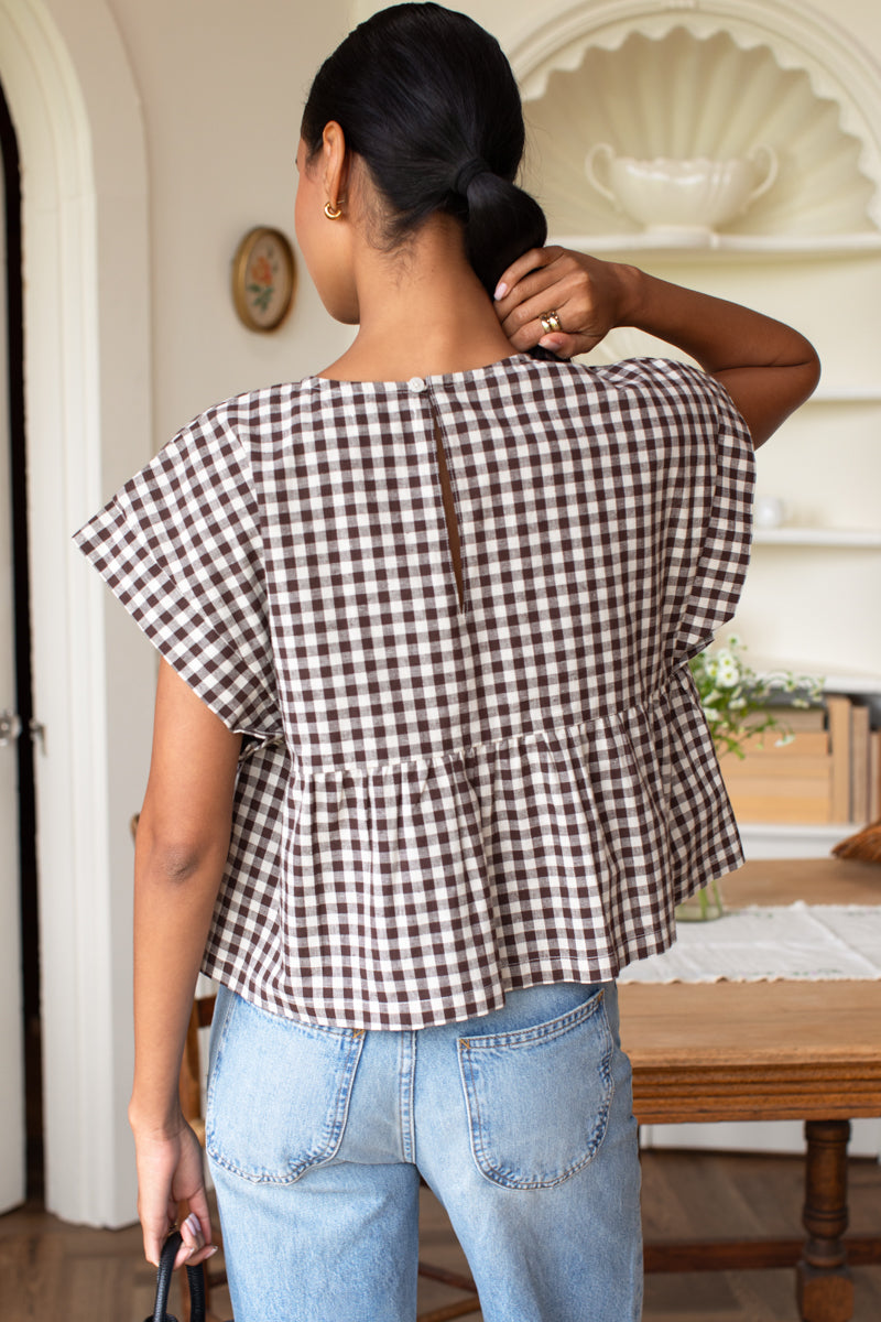 Dolman Peplum Top - Cocoa Gingham