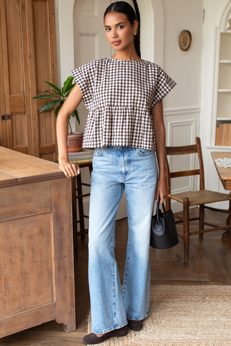 Dolman Peplum Top - Cocoa Gingham