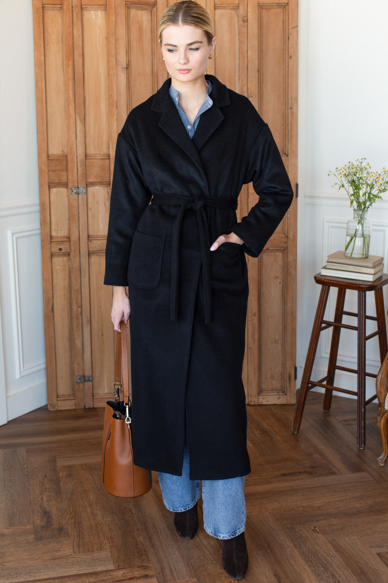 Drop Shoulder Long Coat - Black Wool