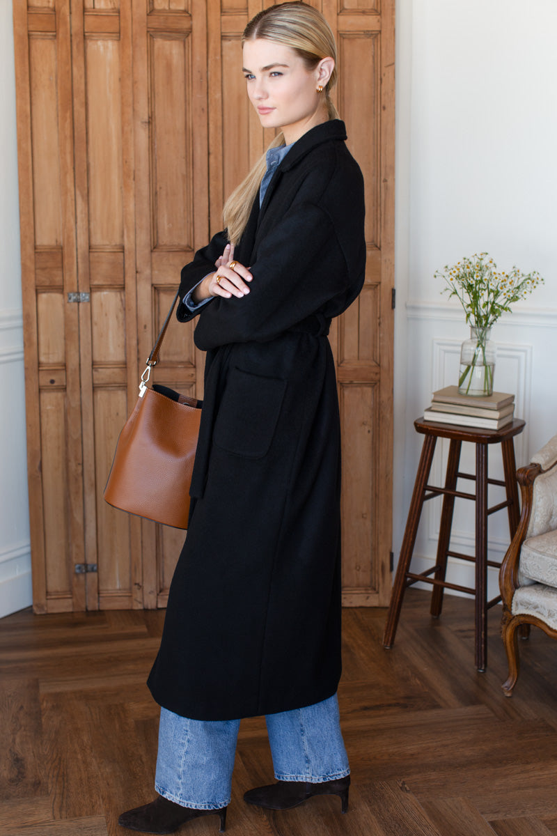 Drop Shoulder Long Coat - Black Wool