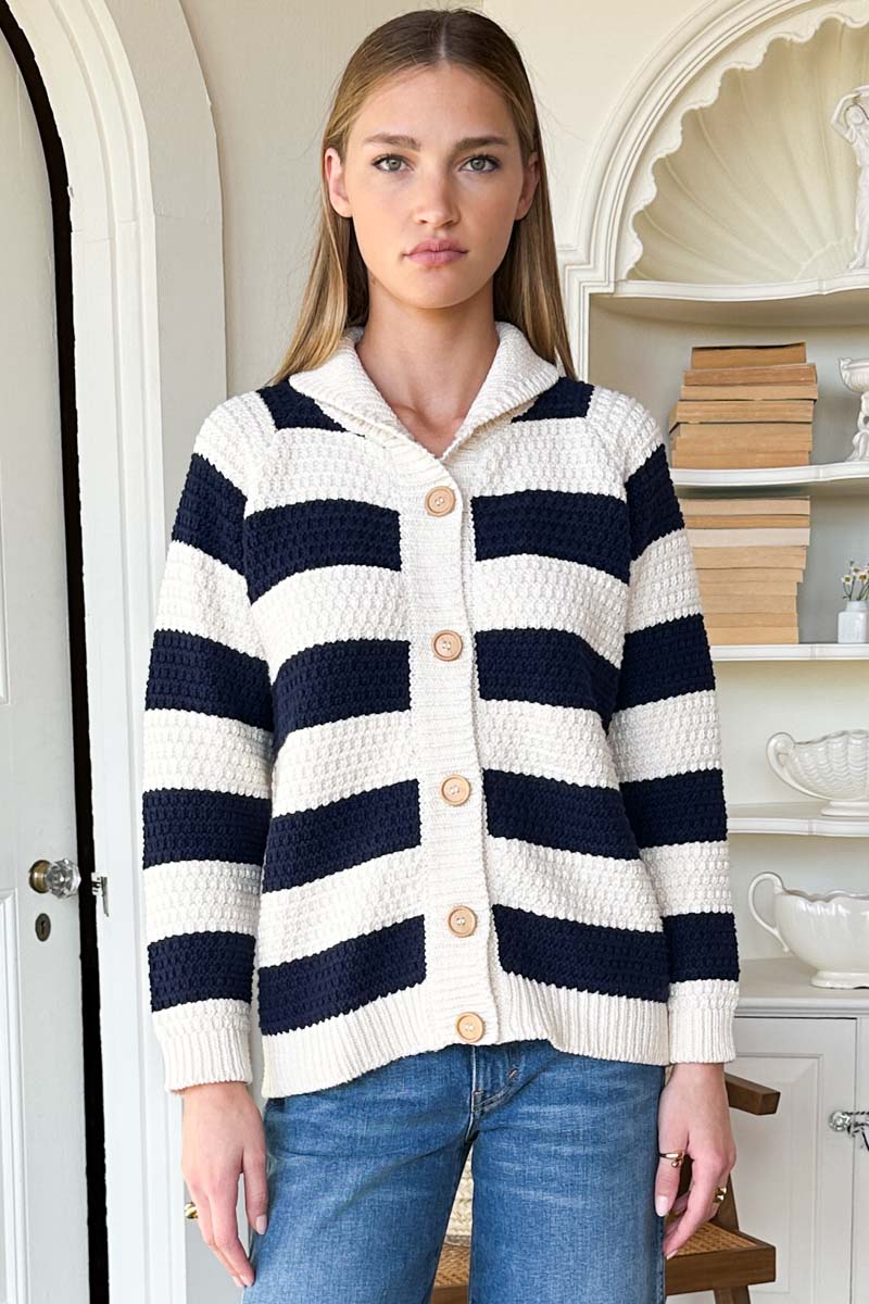Playa Stripe Cardigan - Ivory + Navy Tanguis Cotton