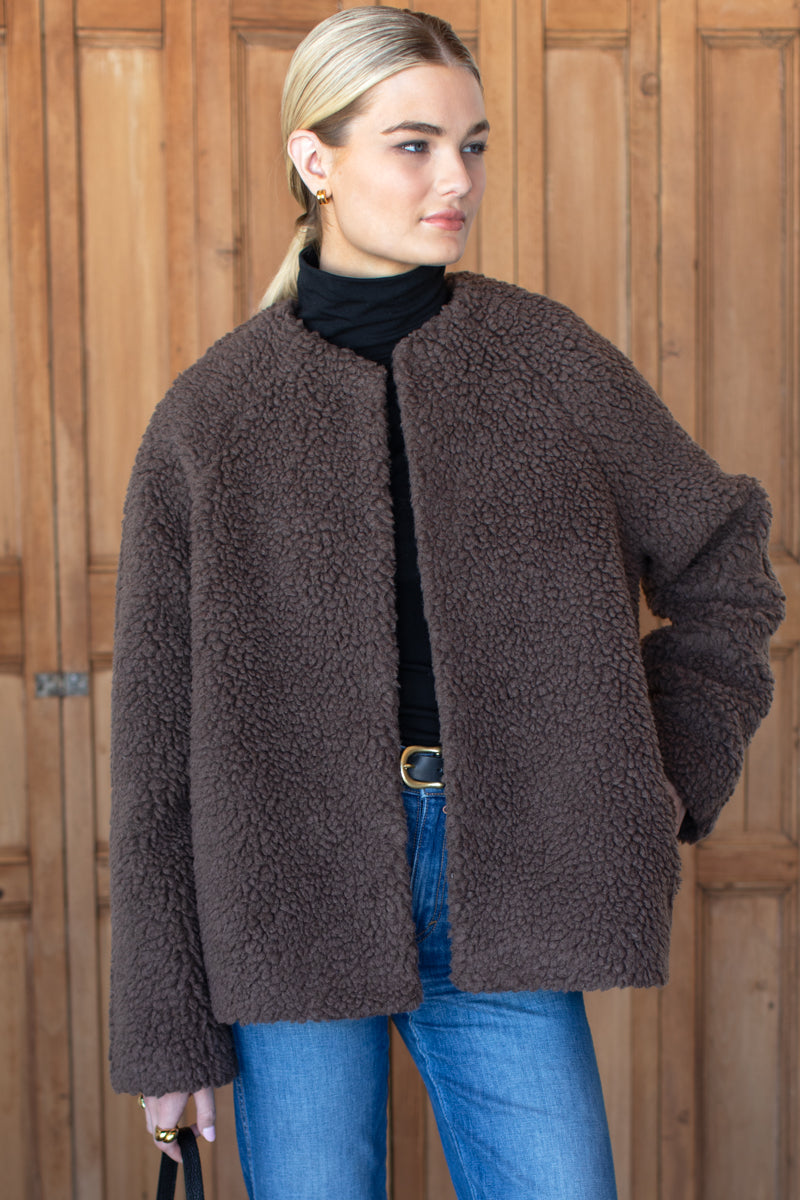 Emile Collarless Short Coat - Chocolate Boucle