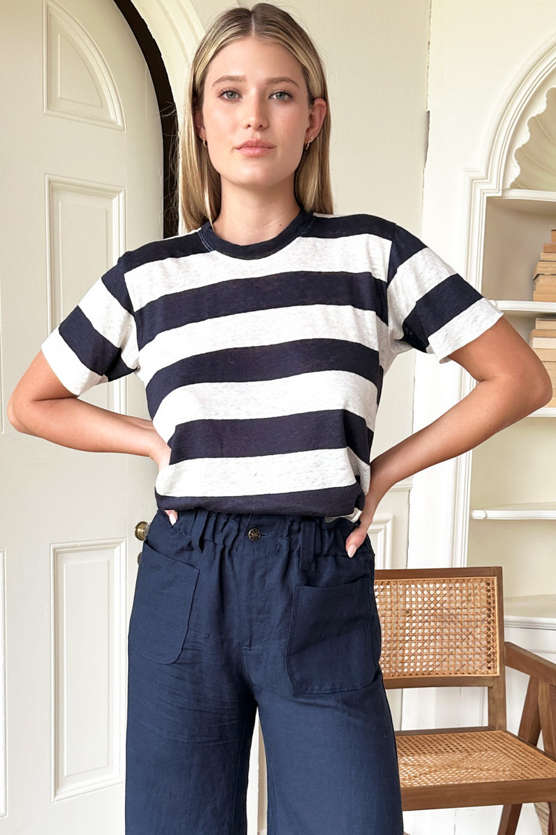 Essential Short Sleeve Crew - Wide Navy Stripe