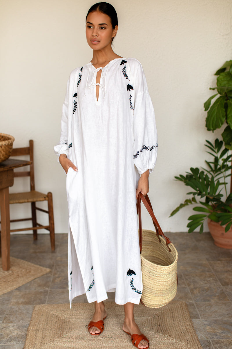 Folk Maxi Dress - White Dove Embroidery