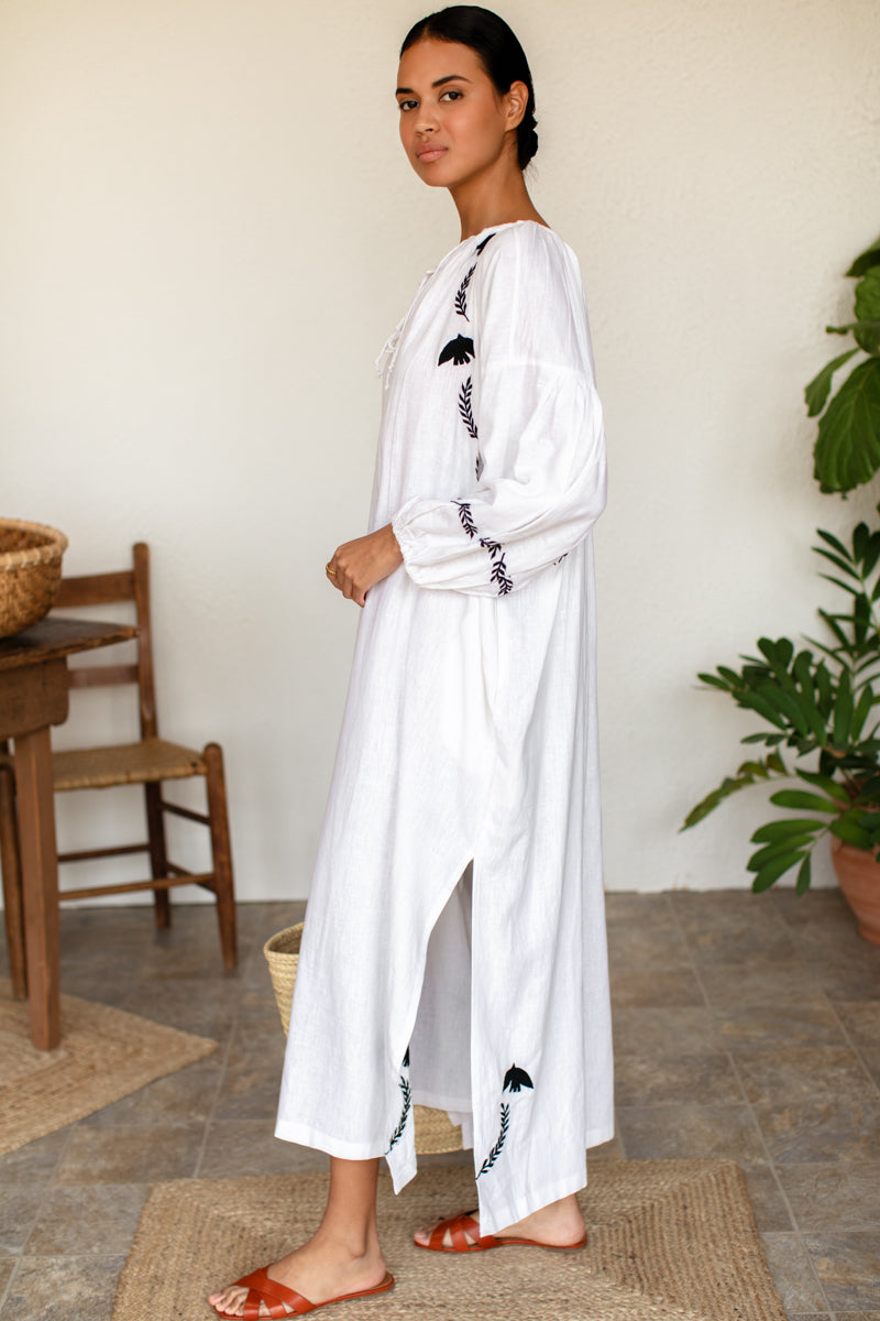 Folk Maxi Dress - White Dove Embroidery