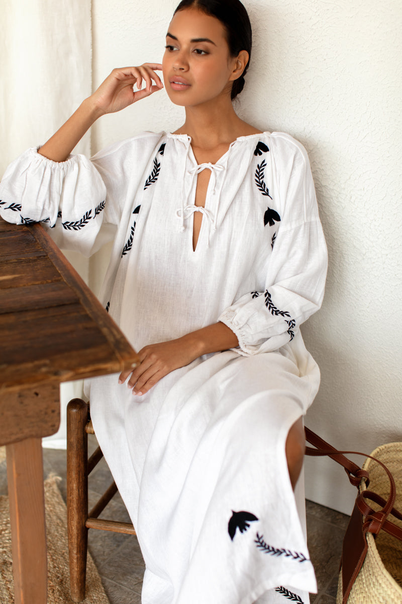 Folk Maxi Dress - White Dove Embroidery