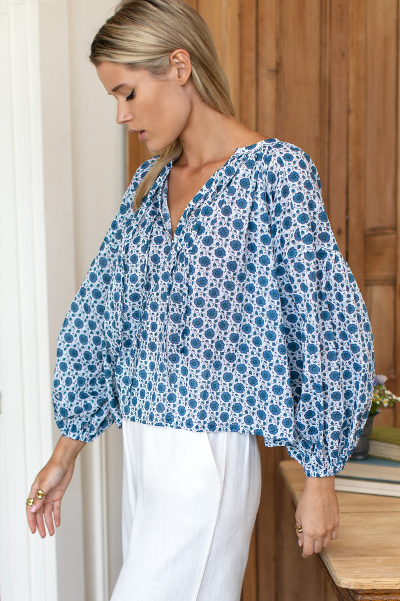 Folk Top - Heritage Blue Flowers Organic