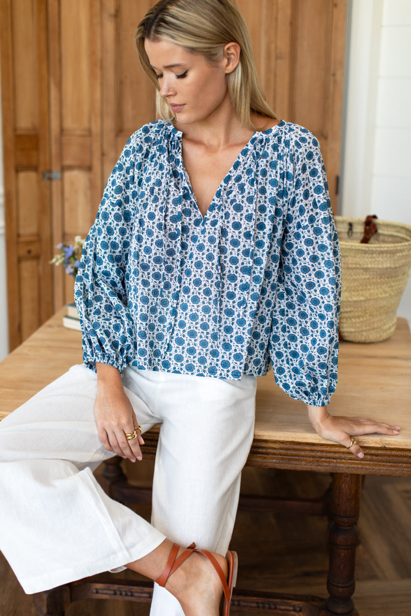 Folk Top - Heritage Blue Flowers Organic