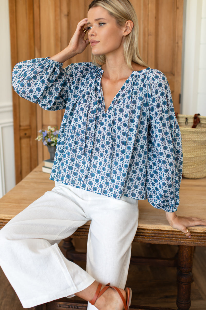 Folk Top - Heritage Blue Flowers Organic