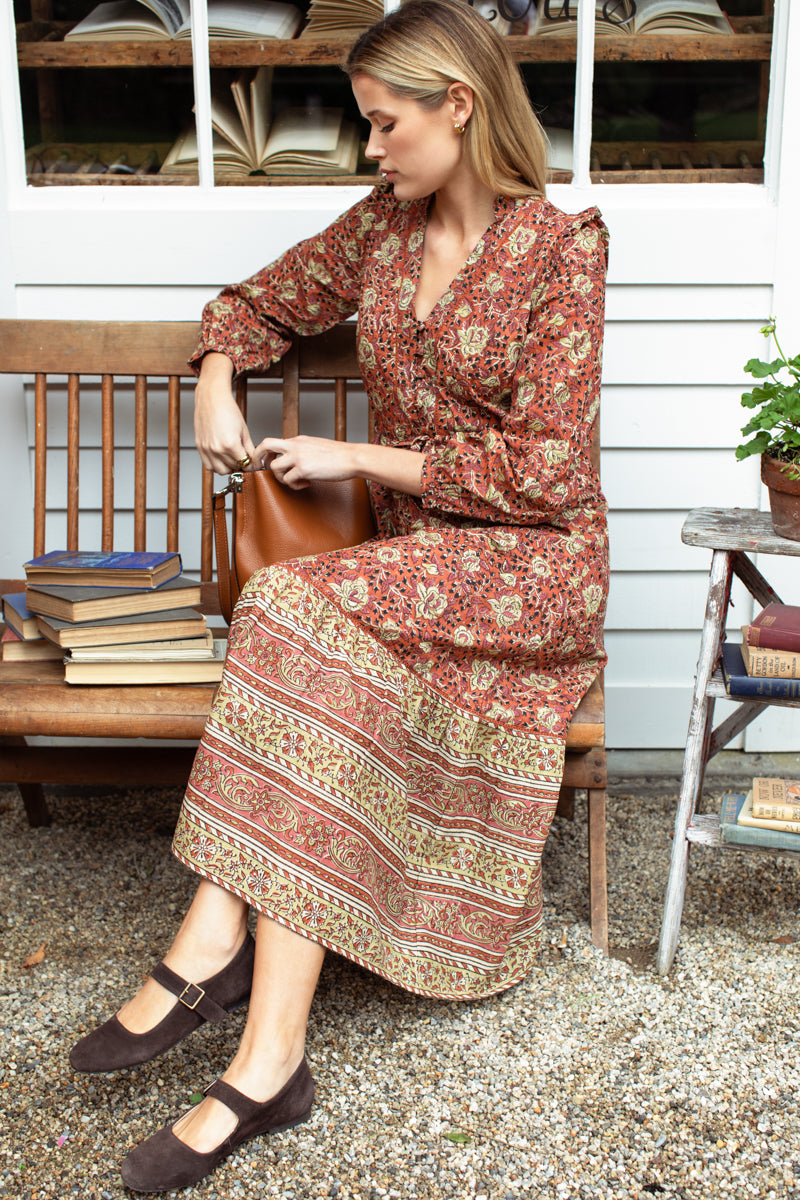 Frances 4 V Dress - Vintage Floral Stripe Terracotta