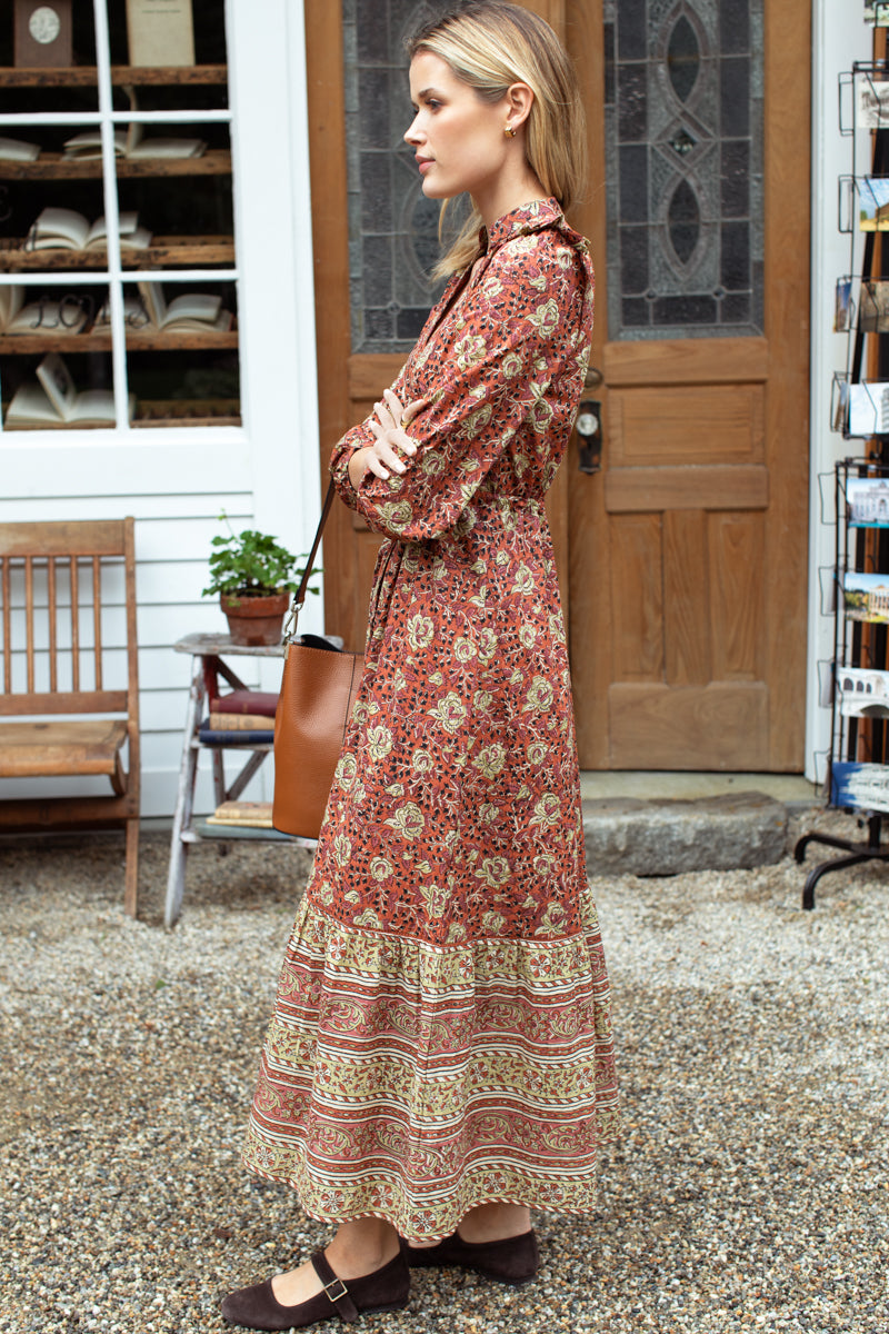 Frances 4 V Dress - Vintage Floral Stripe Terracotta
