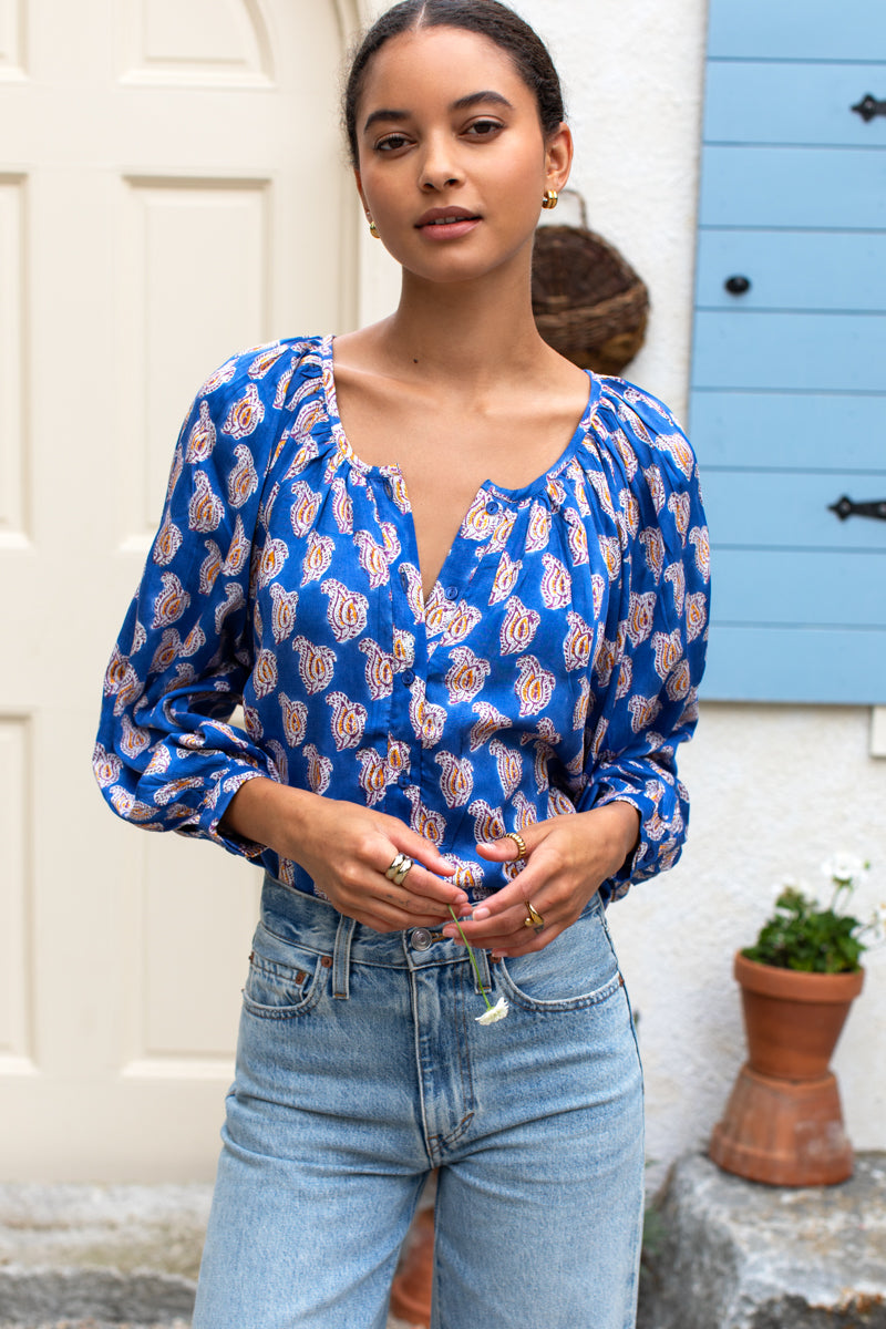 Frances Blouse - Blue Paisley Flowers