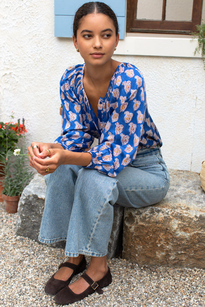 Frances Blouse - Blue Paisley Flowers