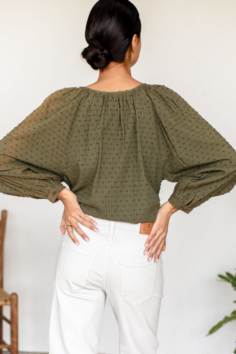 Frances Blouse - Stripe Swiss Dot Moss Organic