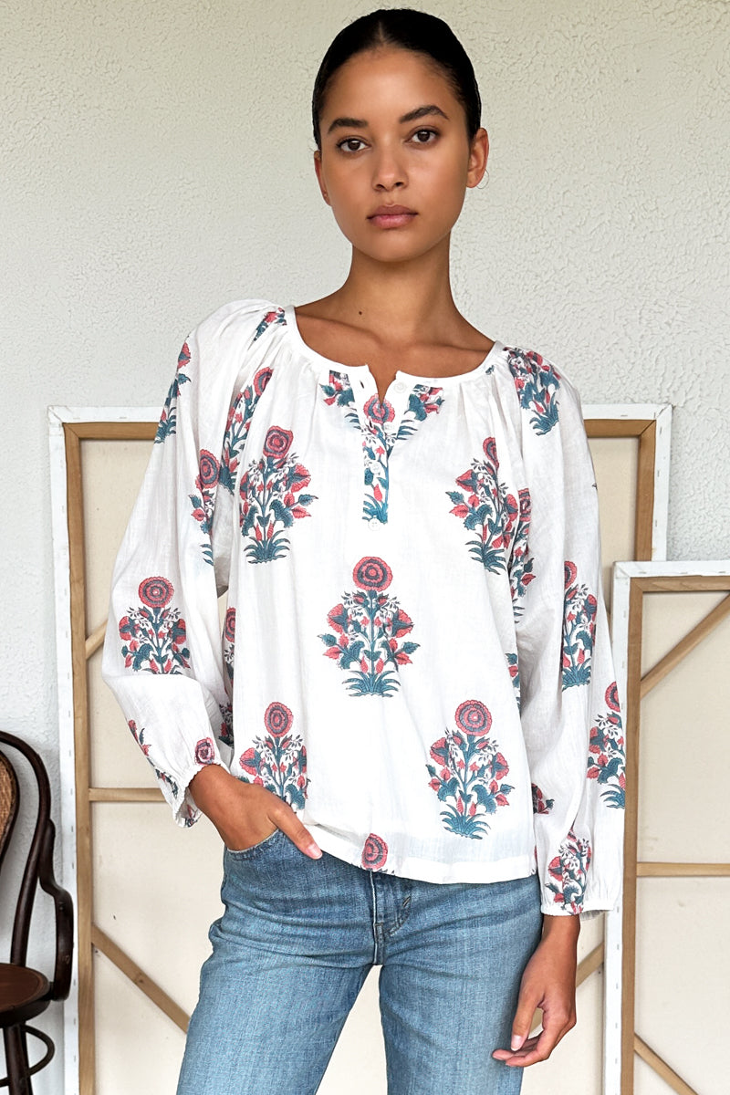 Frances Blouse 2 - Teal + Carnelian Market Flowers Organic