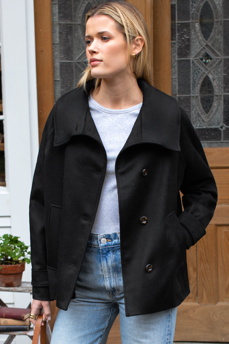 Funnel Neck Coat - Black Wool