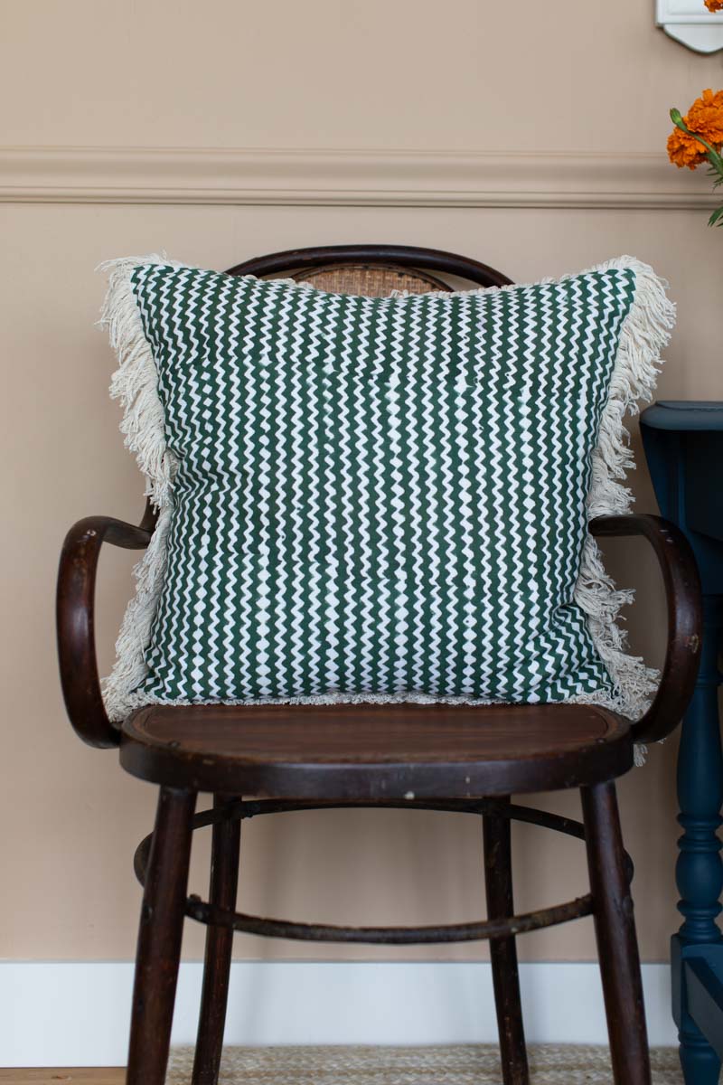 Handblock Pillow Cover - Zigzag Juniper Linen