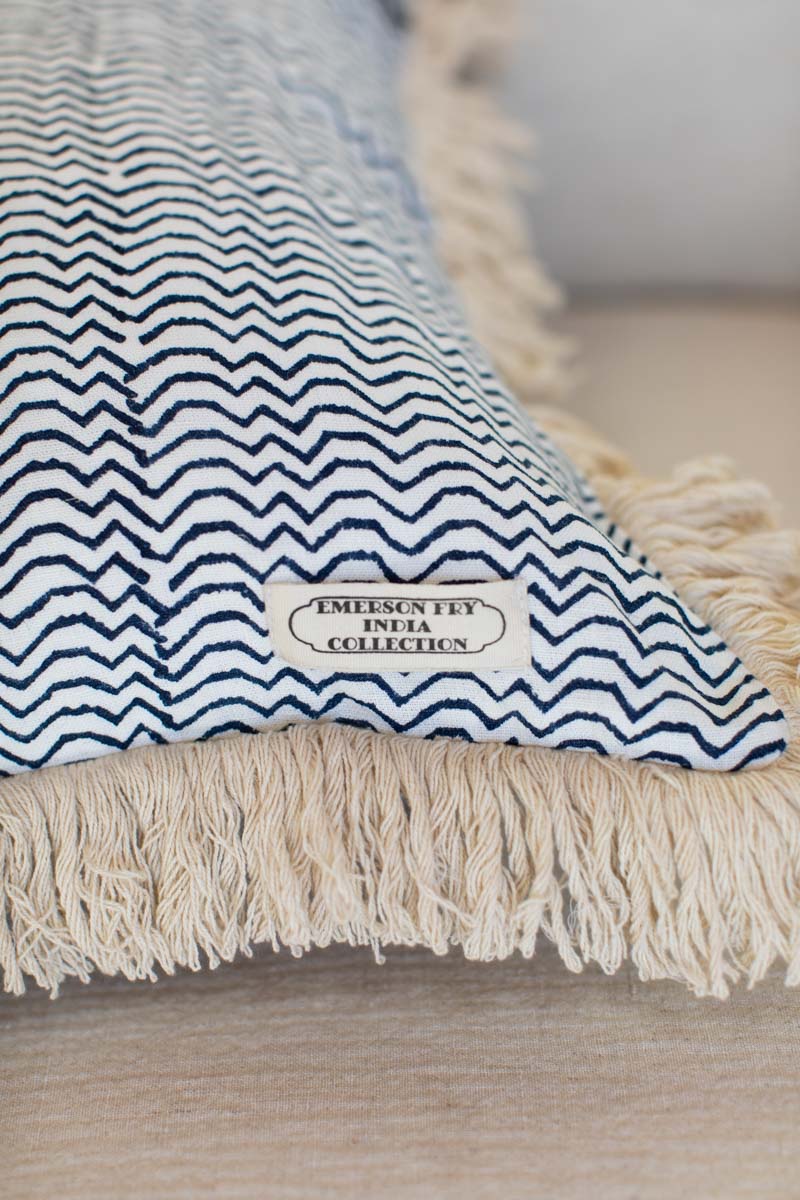 Handblock Pillow Cover - Waves Indigo Linen