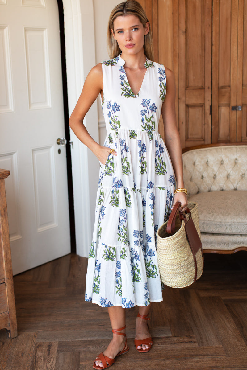 Indi Tier Dress - Blue Clematis Flowers Organic