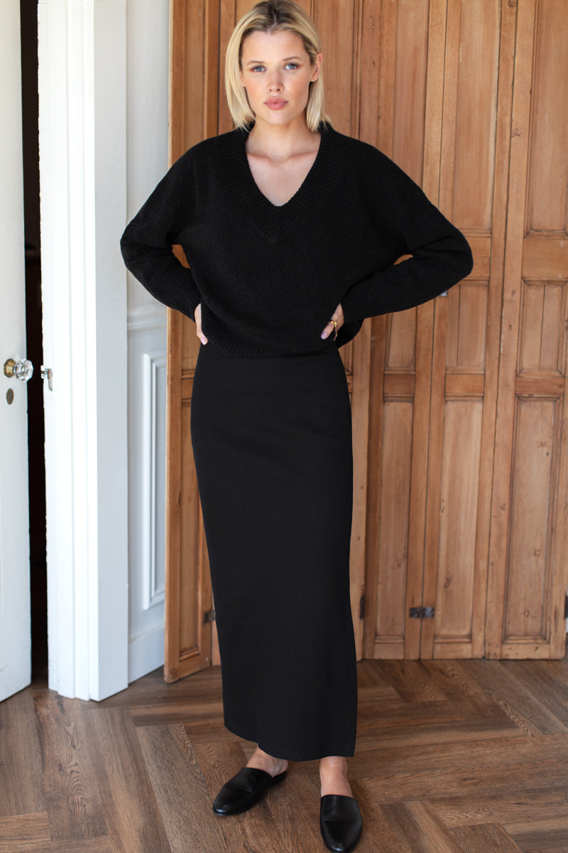 Knit Pull On Maxi Skirt - Onyx Rib