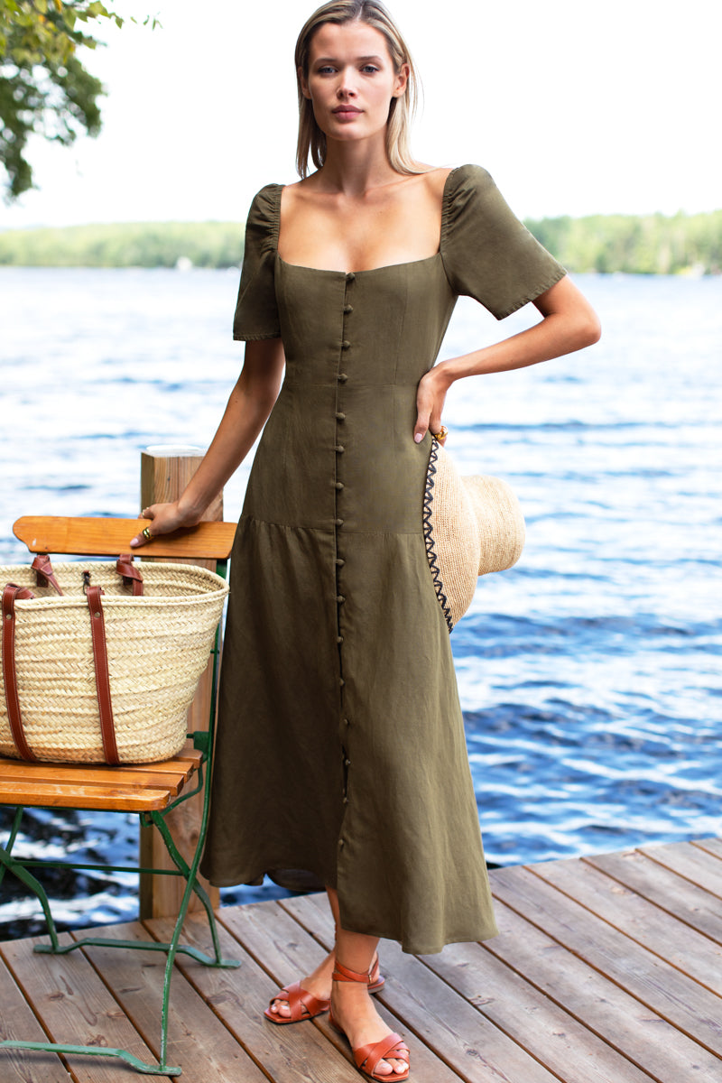 Louise Shortsleeve Basque Dress - Martini Olive Linen