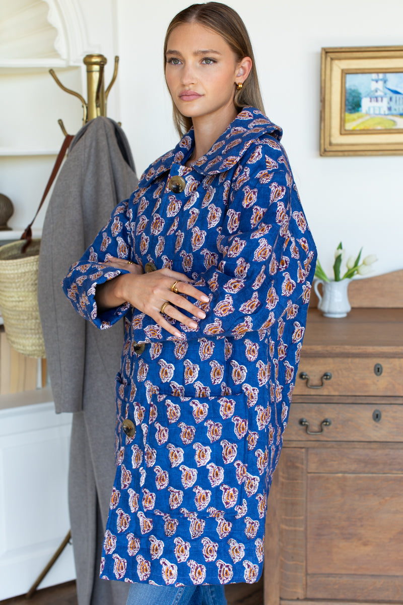 Camp Coat - Blue Paisley Flowers Linen