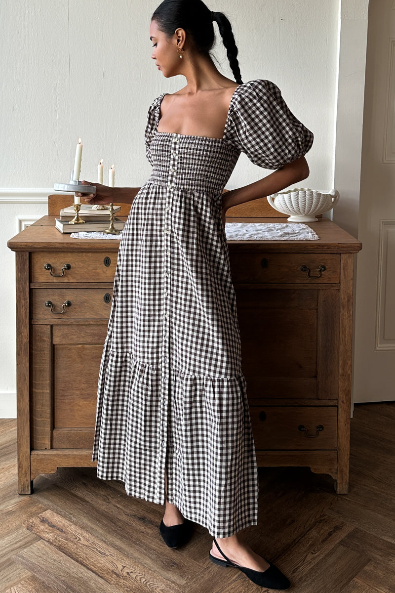 Santiago 4 Maxi Dress - Cocoa Gingham - Emerson Fry Santiago 4 Maxi Dress - Cocoa Gingham - Emerson Fry