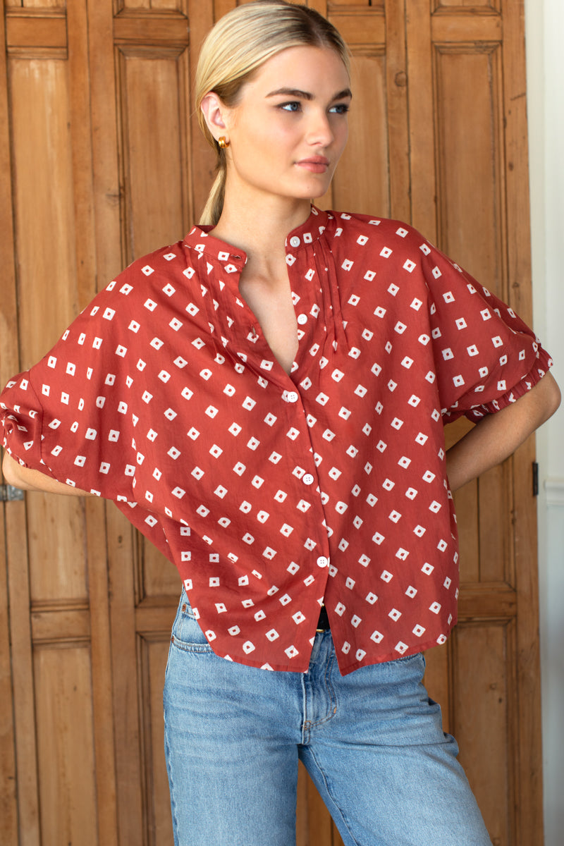 Mandarin Collar Top - Antique Rouge Diamonds Organic